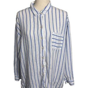 J Jill Love Linen Button Up Shirt Womens XL Striped Blue White Beachy Coastal